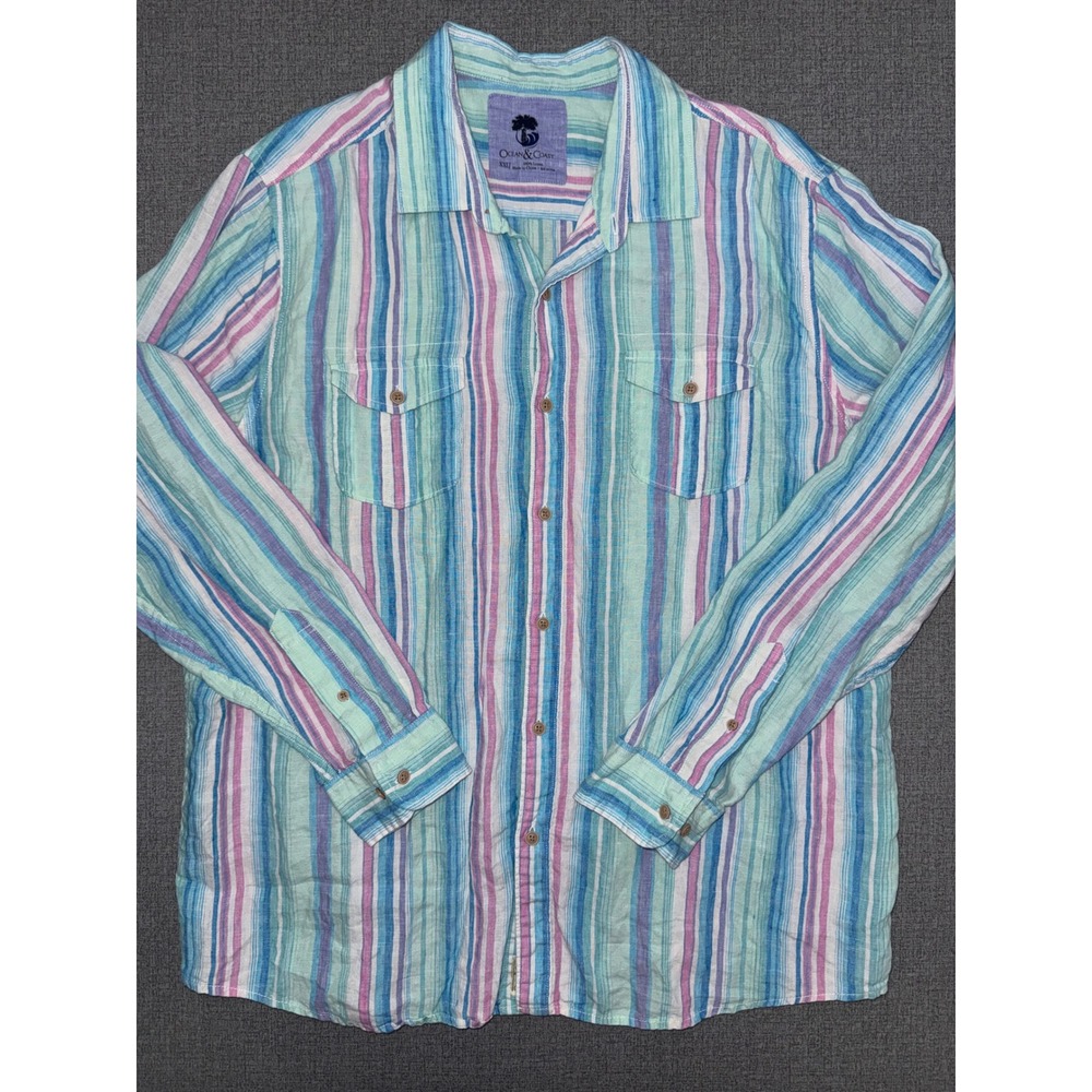 Ocean & Coast Mens XXL 2XL Linen Striped Button Down Shirt Long Sleeve Blue Pink